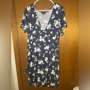 Blue and White Ruffled Wrap Midi Dress